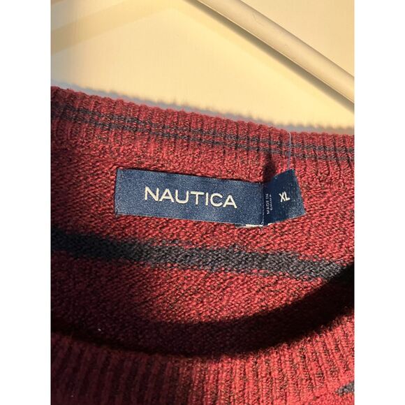 Men Nautica New Burgandy With Navy Blue Stripe Crewneck Sweater SZ XL - Picture 6 of 7